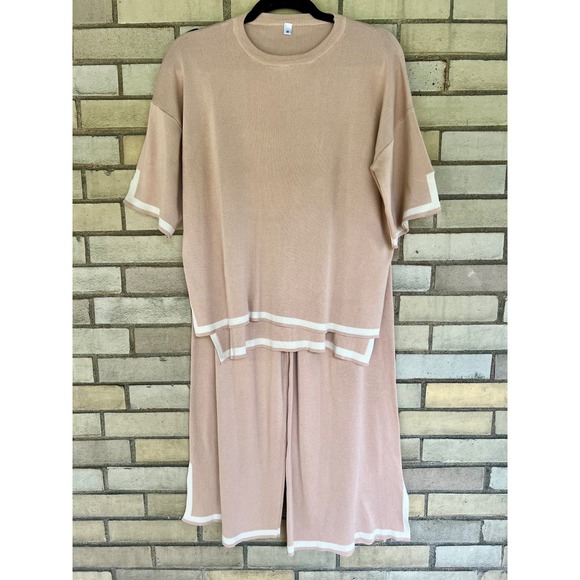Pants - Matching Knit Two Piece Set Top & Wide Leg Crop Pants Tan White Trim Size Medium